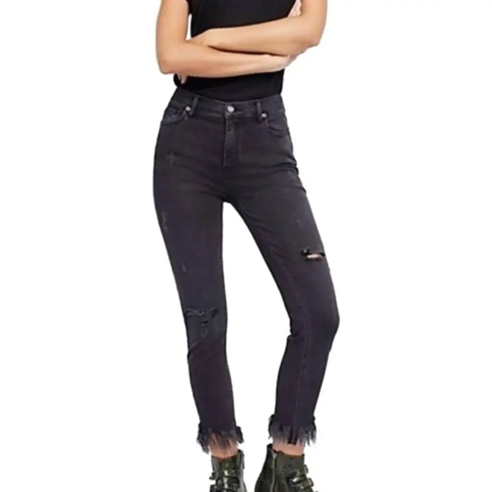 Free People Women's Great Heights Fringe Skinny Black Distressed Jeans 29 Frayed